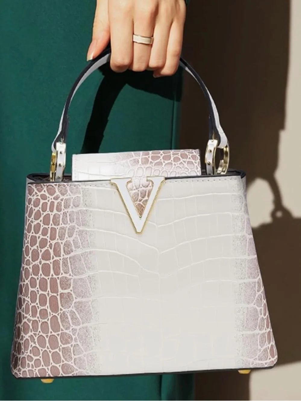 Croc-Embossed Top Handle Bag in Cream and Brown